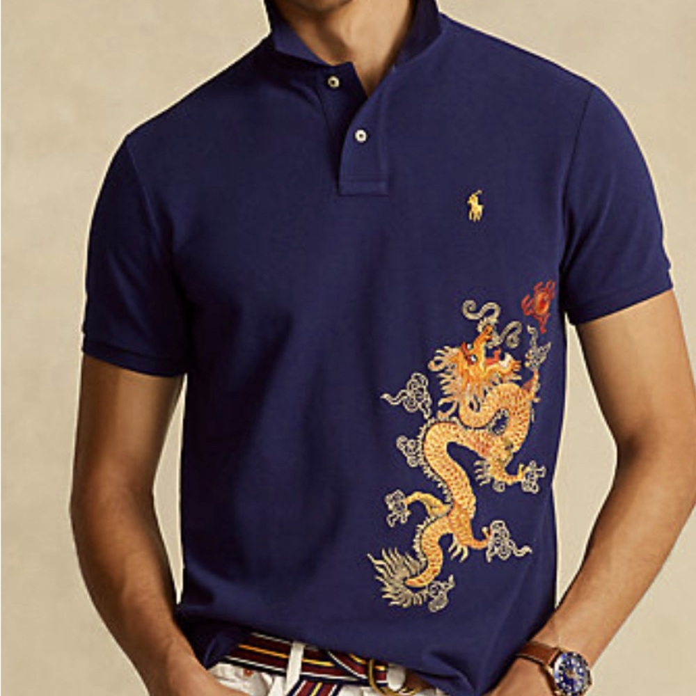 Brand New with Tags: Lunar New Year Dragon Mesh Polo Shirt in Dark Cobalt